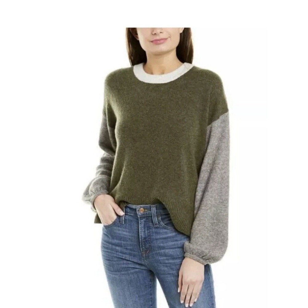 Madewell Payton Green Gray Color Block Merino Wool Alpaca Soft Sweater Size XS